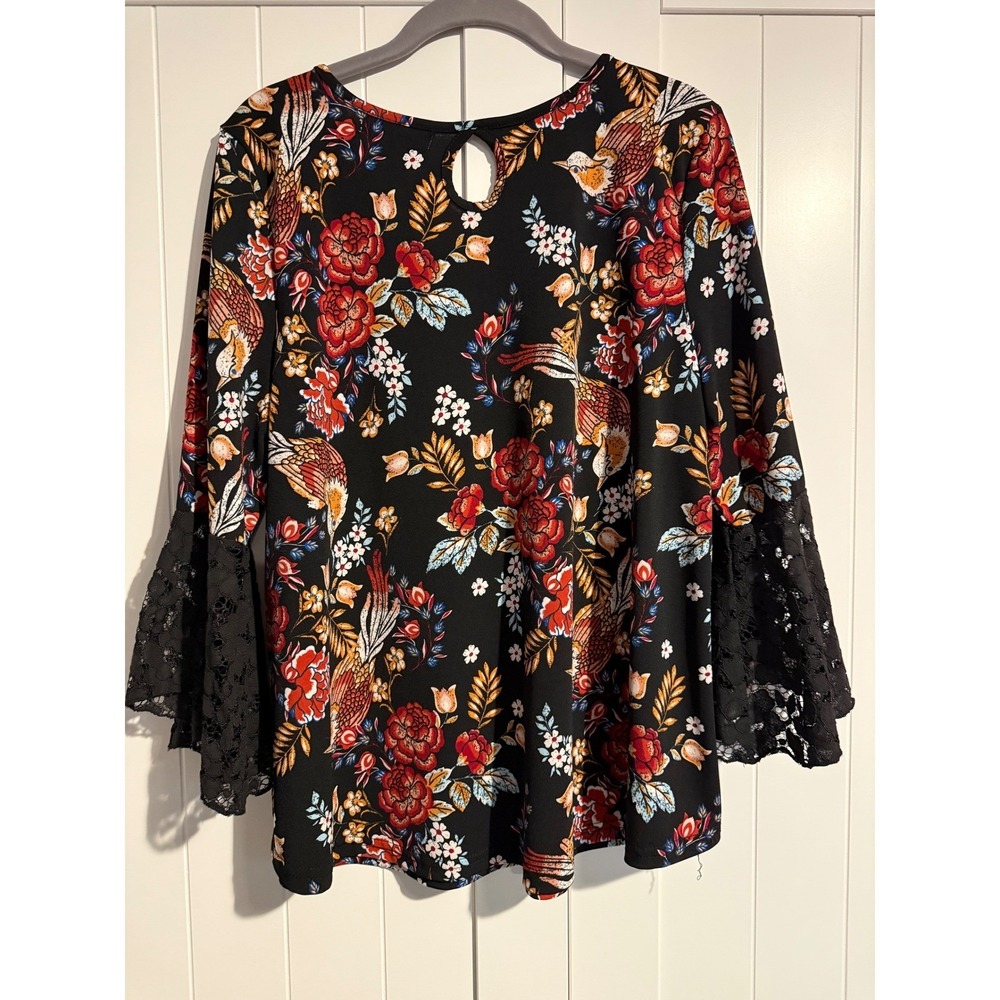Stem & Vine Black Floral Bird Bell Sleeve Keyhole V Neck Blouse Top Womens L - Picture 5 of 5